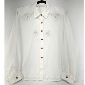 Cathy Che Womens White Long Sleeve‎ Embroidered Button Down Shirt Top Size 14